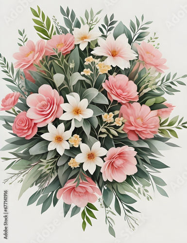 Watercolor floral illustration greetin, Pink flowers and eucalyptus greenery bouquet © Sahnaj