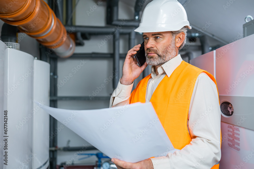 mature senior gray haired construction worker using smartphone and holding blueprint at the heating room mature senior gray haired construction worker using smartphone and holding blueprint at the heating room