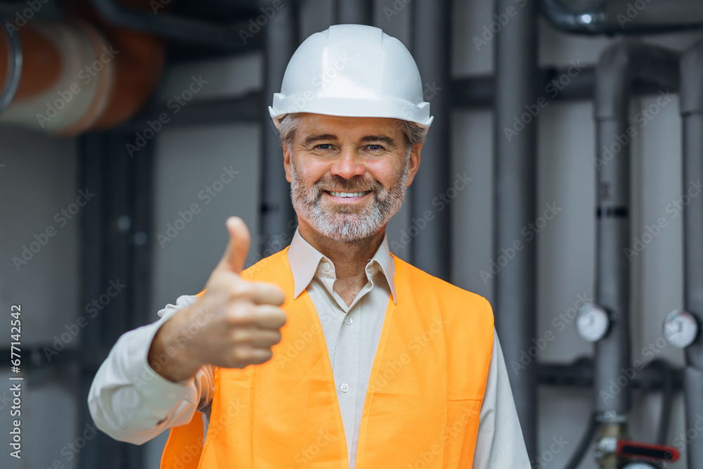 senior gray haired Smiling satisfied worker engineer in working clothes, with helmet and hardhat standing in factory and showing okay sign. thumb up in boiler room senior gray haired Smiling satisfied worker engineer in working clothes, with helmet and hardhat standing in factory and showing okay sign. thumb up in boiler room
