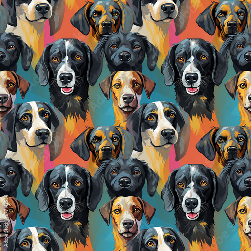 seamless pattern with dog faces on blue background in pop art style © alexkoral