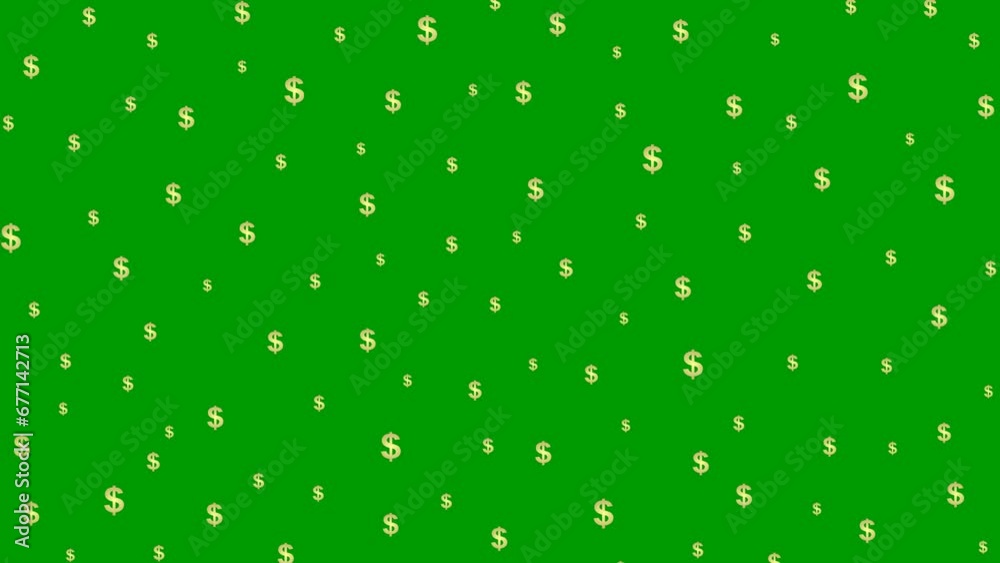 Animated golden dollar background. Money flies from top to bottom. Symbol of dollar. Looped video. Vector illustration isolated on the green background. Animated golden dollar background. Money flies from top to bottom. Symbol of dollar. Looped video. Vector illustration isolated on the green background.