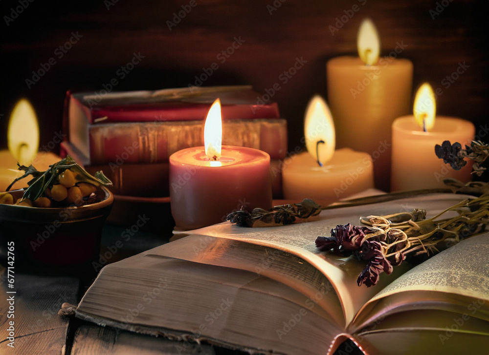still life with candles and book 