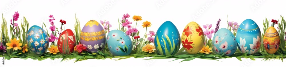 easter eggs border with transparent background, easter grass png, panoramic scale, colorful costumes - obrazy, fototapety, plakaty 