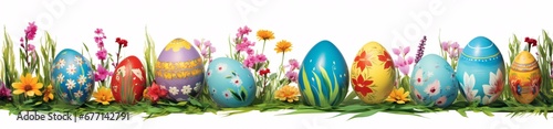 easter eggs border with transparent background, easter grass png, panoramic scale, colorful costumes photo