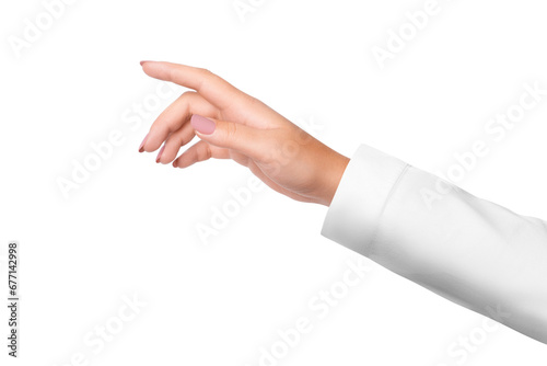 A woman's hand in a white medical coat. on isolated transparent background