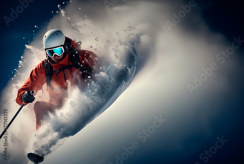 Skier riding off-piste on a mountainside with powder snow. Shallow field of view with copy space.