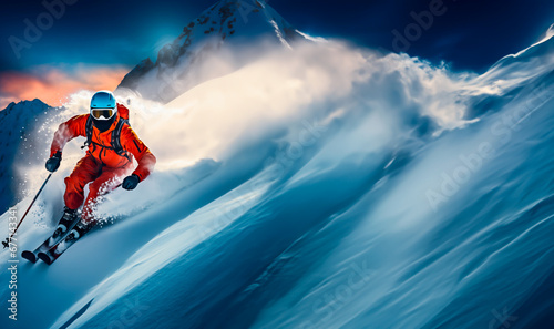 Skier riding off-piste on a mountainside with powder snow. Shallow field of view with copy space.