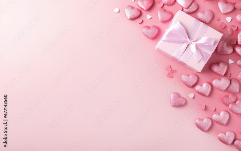 Pastel pink background with shimmer hearts and a gift box, over the shoulder, top view, flat lay, copy space at the left. Valentines day, engagement or wedding party poster. AI Generative