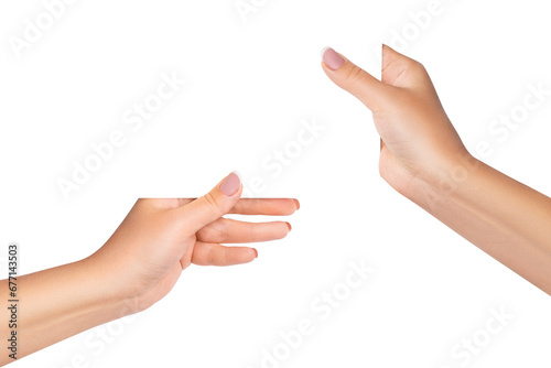 Two female hands hold a white sheet. on isolated transparent background
