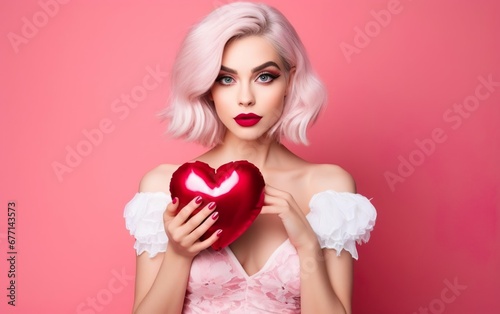 Pretty woman with white hair wearing a white dress and bright makeup, holding a foil balloon heart isolated on pink background. Valentines day, engagement or wedding party poster. AI Generative photo