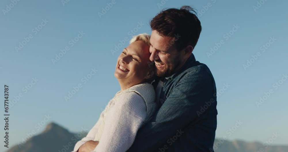 Love, view or happy couple hug at beach to relax on holiday or vacation in summer romance together. Travel, lovers and calm woman enjoy with affection, smile or man in nature at sea for wellness Love, view or happy couple hug at beach to relax on holiday or vacation in summer romance together. Travel, lovers and calm woman enjoy with affection, smile or man in nature at sea for wellness