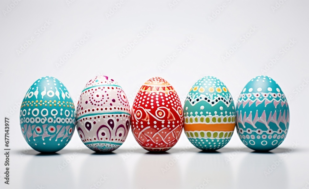 five painted easter eggs that are on a white background, flickr, meticulous detail