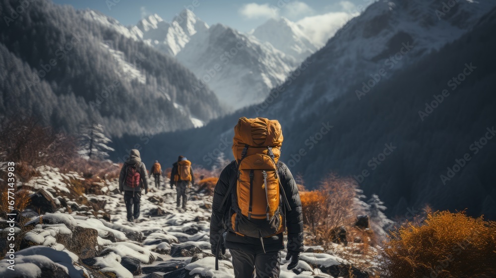 Winter Wanderlust. Backpackers Embracing Adventure in Snowy Mountains