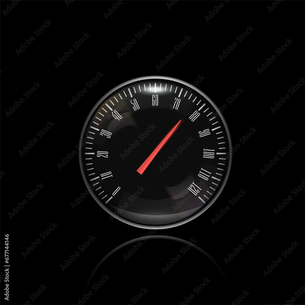 Speed level indicator. Round black car dashboard 3d device. Vector illustration on black background Speed level indicator. Round black car dashboard 3d device. Vector illustration on black background