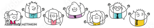 Stick figures in speech bubbles.