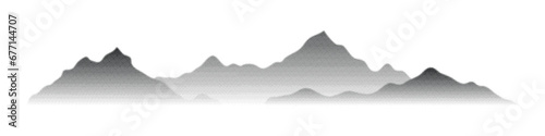 Vector halftone dots background, fading dot effect. Imitation of a mountain landscape, banner, shades of gray.