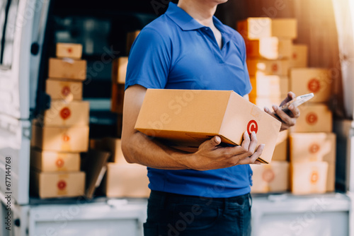 Business woman start up small business entrepreneur SME success .freelance woman working at home with Online Parcel delivery. SME and packaging deliveryconcept photo