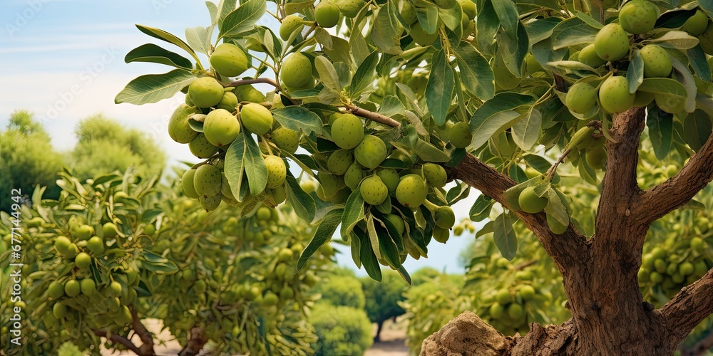 Harvest abundance. Fresh and juicy green fruits in nature. Organic delight. Ripe and healthy fruit on sunny day. Nature bounty. Closeup of and olive leaves Harvest abundance. Fresh and juicy green fruits in nature. Organic delight. Ripe and healthy fruit on sunny day. Nature bounty. Closeup of and olive leaves