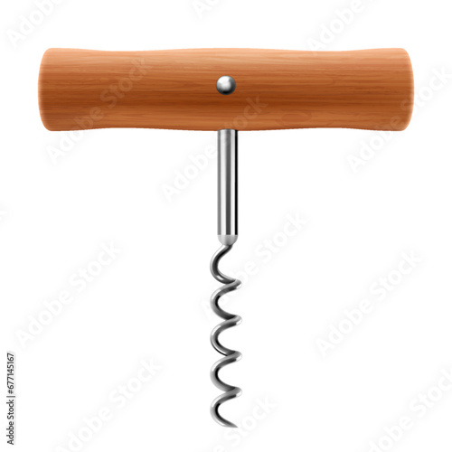 Corkscrew with wooden handle isolated on white background. Close up of wine bottle opener. Realistic 3d vector illustration. Mock up