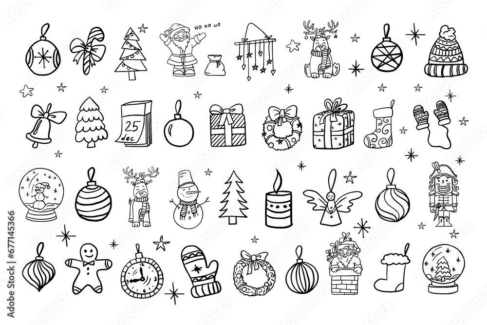 Set of Christmas and New Year elements in doodle style. Winter. Hand drawn. Great for decoration interior, print posters, banner, greeting card, decoration, packaging. Isolated on white background.