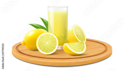 Cutting board with fresh juicy cut lemon with a glass of lemonade, isolated on white background. Citrus fruits on a round wooden cutting board. Realistic 3d vector illustration