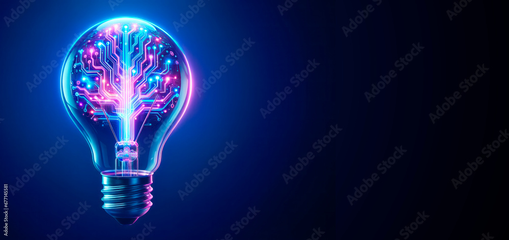 Glowing light bulb with circuit board inside on dark blue background, mockup. Innovation concept. Generative AI - obrazy, fototapety, plakaty 
