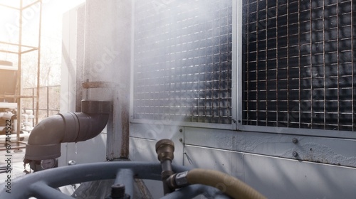 Water misting uses pressure water spray to lower the condenser temperature during an emergency when it overheats on the chiller machine. photo