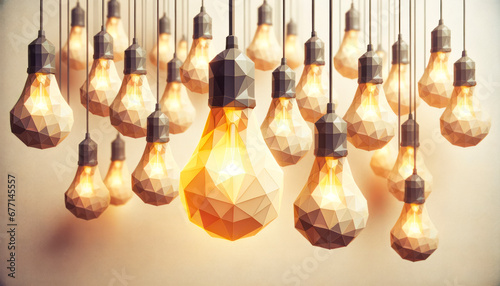 Vintage low poly light bulb on yellow wall background. Creative idea concept. Generative AI
