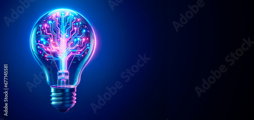 Glowing light bulb with circuit board inside on dark blue background, mockup. Innovation concept. Generative AI