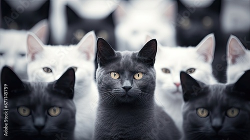 A Distinctive Cat Amidst a Sea of Cats - Embracing the Concept of Diversity and Individuality. Standing Out in the Crowd photo