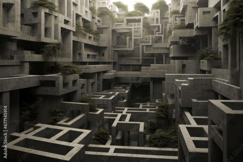 Obraz premium gray concrete endless maze or labyrinth. Post apocalyptic city architecture fantasy.
