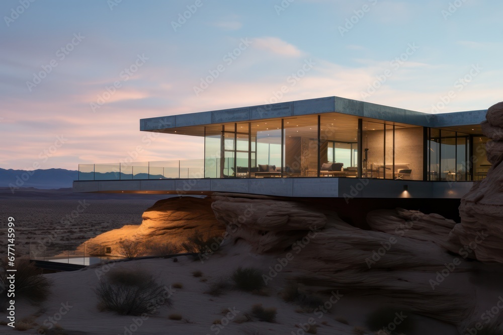 luxury modern glass and concrete villa in the desert with a pool. Minimal architecture.