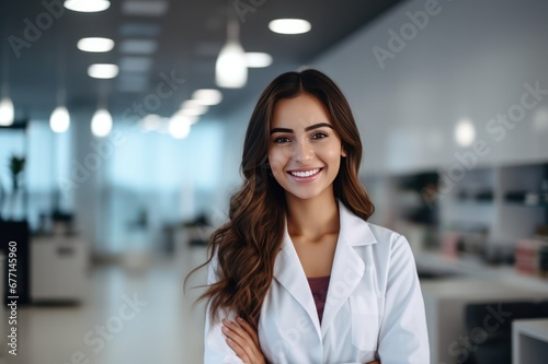 beautiful female Latin American brunette doctor in white scrubs at clinic or hospital, smiling