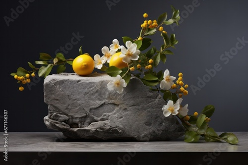 Neroli branch flower on natural stone podium on black background. Aromatherapy, natural cosmetics, perfume showcase.