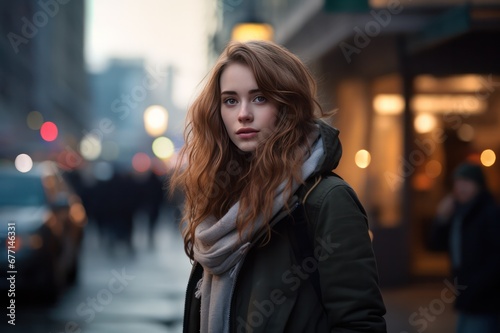 beautiful caucasian woman in a city in the evening  in autumn or winter