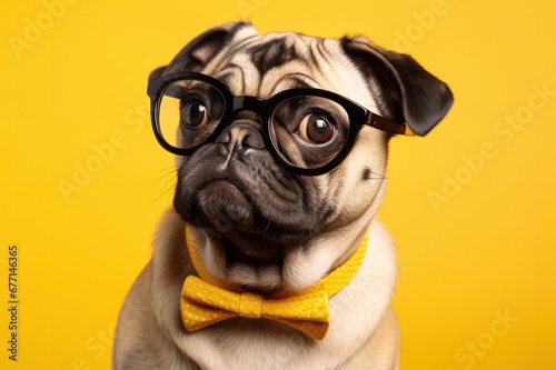 pug dog in glasses on yellow background. Optics salon poster, veterinarian clinic banner