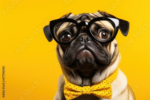 pug dog in glasses on yellow background. Optics salon poster, veterinarian clinic banner © Dina