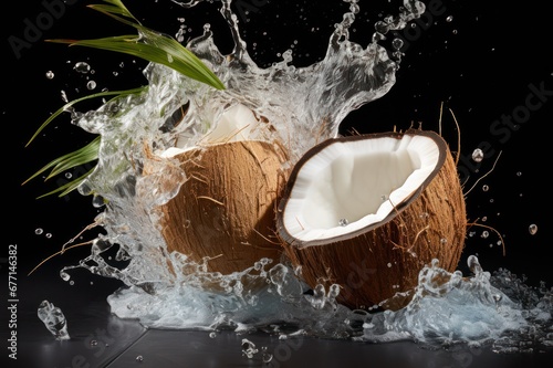 Fresh juicy cut up in half coconut with water splashes. Refreshing soda drink and cocktails. Cocktail bar website banner. Natural coco moisturizing cosmetics concept.