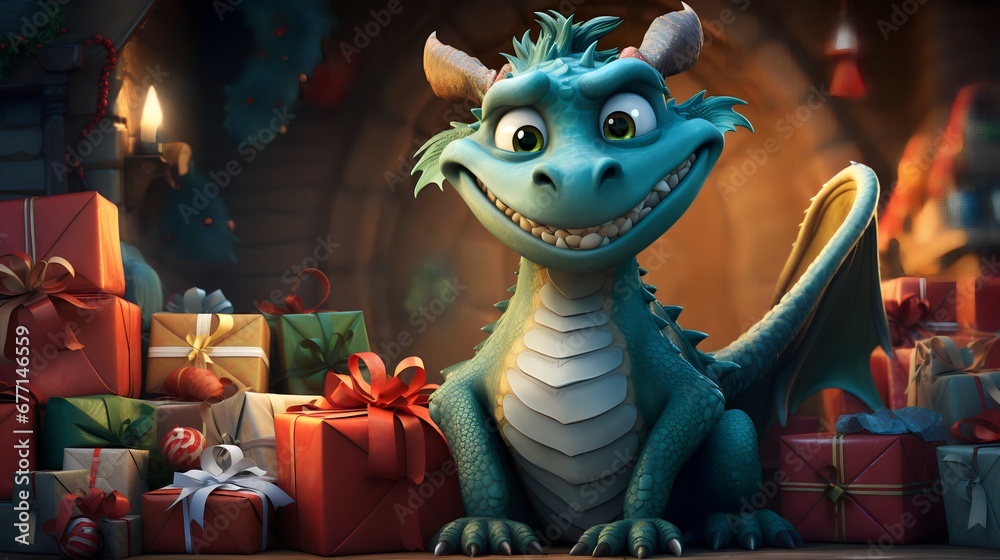 Cartoon Green Dragon Curled Around Christmas Presents Illustration, generative AI