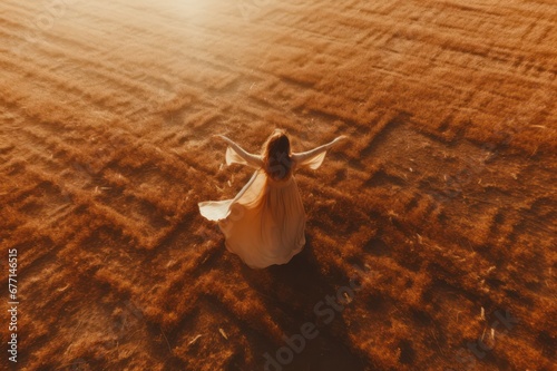 aerial view of beautiful woman dancing in long white dress in the field of wheat in autumn, smiling and feeling in harmony with nature © Dina