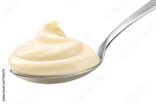 Spoon of mayonnaise isolated on white background, full depth of field