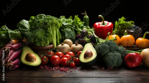 Vegetables cut, herbs and spices on black wooden background