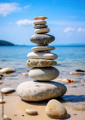 pyramid or tower of stones on the river bank  zen  harmony  chedo  water  rocks  lake  spa  relaxation  nature  tranquility  beauty  balance  landscape  minerals  shape  structure  religious cult