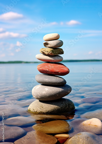 pyramid or tower of stones on the river bank, zen, harmony, chedo, water, rocks, lake, spa, relaxation, nature, tranquility, beauty, balance, landscape, minerals, shape, structure, religious cult