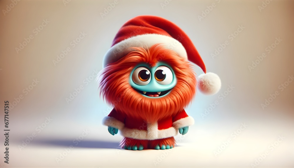 Adorable cartoon monster dressed as Santa Claus 3D