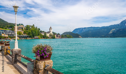 village of Sankt Wolfgang waterfront embankment at lake Wolfgangsee, Austria photo