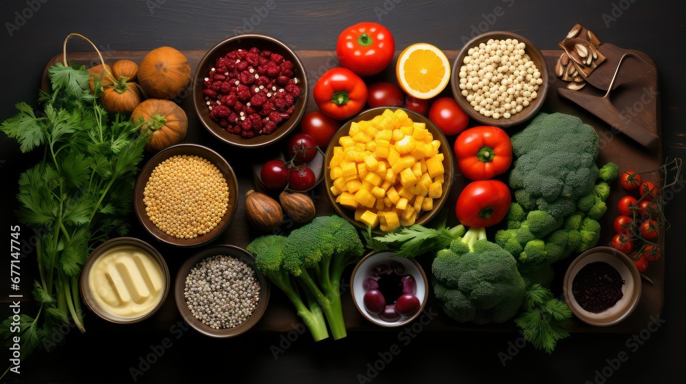 Variety of fresh herbs and spices in bowl on cutting board wooden background Variety of fresh herbs and spices in bowl on cutting board wooden background