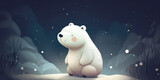 Cute Cartoon Polar Bear sitting in snowy winter forest at night. Beautiful background for banner and greeting card for Christmas, New Year, XMas, Winter holiday