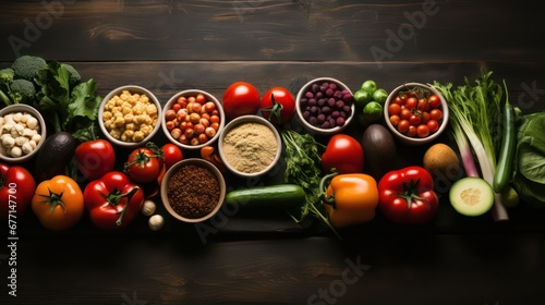 Variety of fresh vegetables and cereals in row on wooden background
