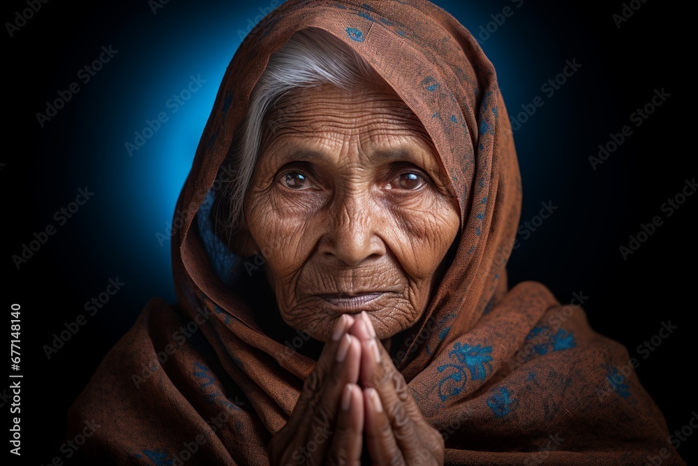 Captivating photo capturing an elderly woman in a brown shawl, her hands clasped in prayer, exuding tranquility and wisdom against a deep indigo backdrop. Captivating photo capturing an elderly woman in a brown shawl, her hands clasped in prayer, exuding tranquility and wisdom against a deep indigo backdrop.